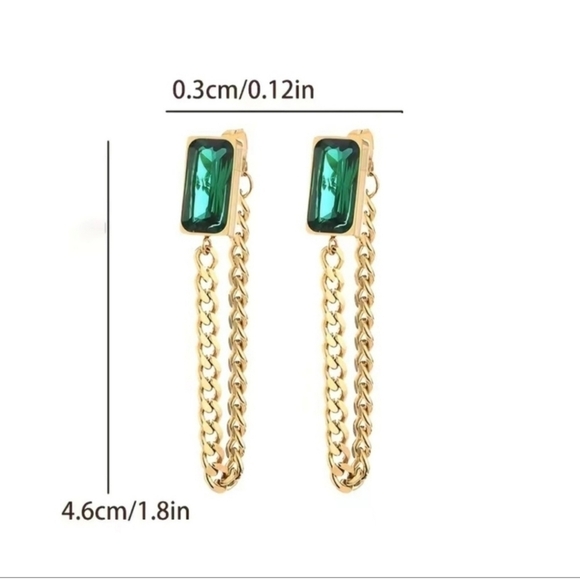 Long Chain Inlaid Square Shape Synthetic Gems Gold Plated Drop Earrings - Picture 6 of 6